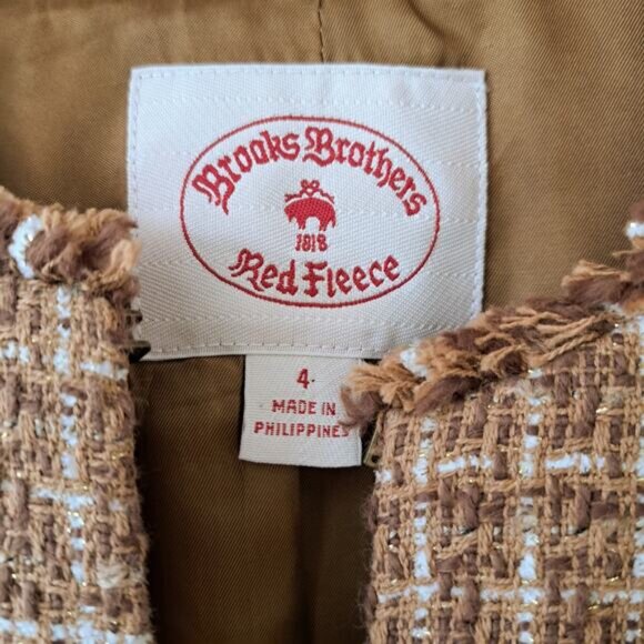 BROOKS BROTHERS Boucle Tweed Fringe Jacket Collarless Blazer Sz 4 Brown Tan Fall - Picture 4 of 10